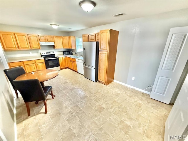 113 N Long St, Bonne Terre, MO 63628 - kitchen with appliances with stainless steel finishes, baseboards, under cabinet range hood, a sink, and light countertops