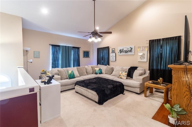 16910 Lawrence Dr, Saint Robert, MO 65584 - living room with light colored carpet, a ceiling fan, and lofted ceiling