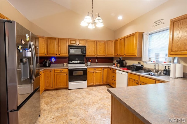 16910 Lawrence Dr, Saint Robert, MO 65584 - kitchen with stainless steel refrigerator with ice dispenser, range with electric cooktop, black microwave, dishwasher, and a chandelier