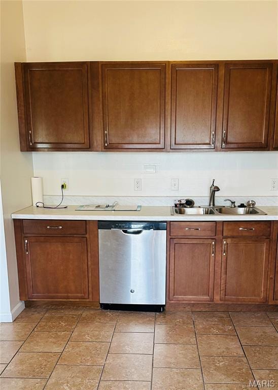 698 Carriage Ln, Hazelwood, MO 63042 - kitchen featuring stainless steel dishwasher, a sink, light countertops, and light tile patterned floors