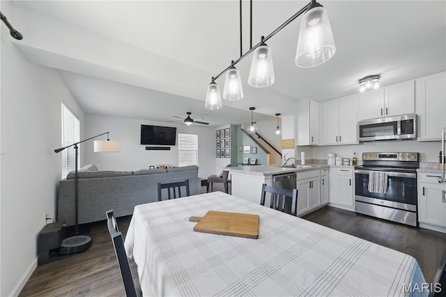 dining room featuring ceiling fan, dark wood-style flooring, and baseboards
