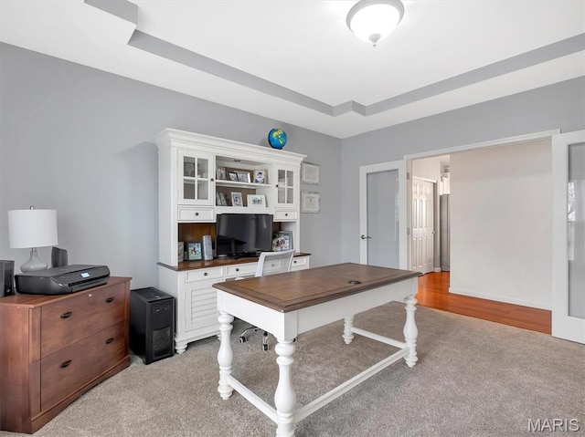 535 Vista Hills Ct, Eureka, MO 63025 - office area featuring light carpet and a tray ceiling