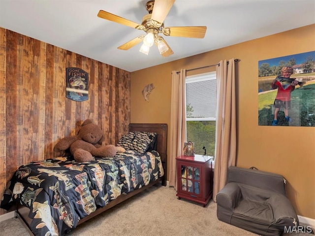 535 Vista Hills Ct, Eureka, MO 63025 - carpeted bedroom featuring wooden walls and ceiling fan