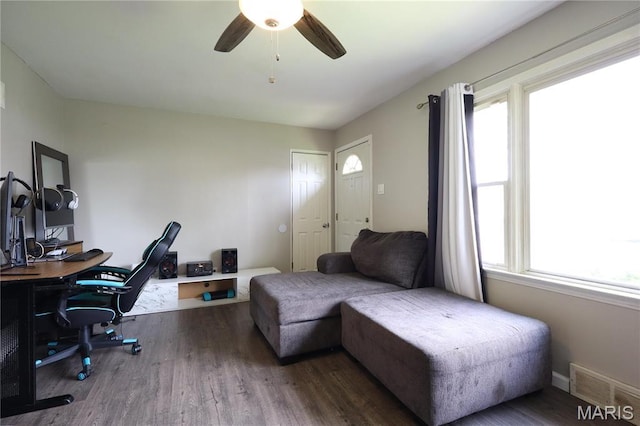 90 La Sierra Dr, Florissant, MO 63031 - home office featuring plenty of natural light, wood finished floors, a ceiling fan, and baseboards