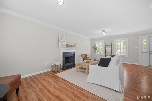 35 Heatherwood Ct, Ofallon, MO 63368 - living area featuring crown molding, wood finished floors, and a fireplace with flush hearth