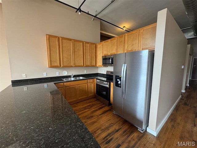 kitchen featuring stainless steel appliances, a sink, dark wood-style flooring, dark stone countertops, and baseboards