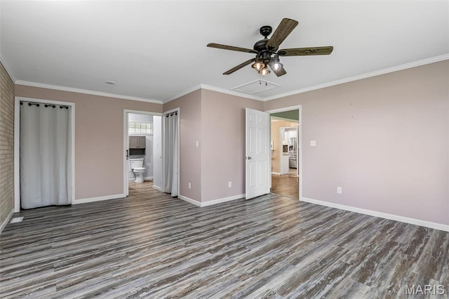 10179 Cherry Hill Ln, Potosi, MO 63664 - unfurnished bedroom with wood finished floors, baseboards, ornamental molding, ensuite bathroom, and a ceiling fan