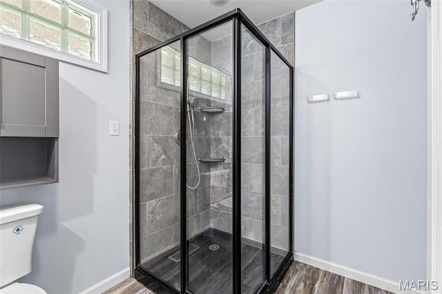 10179 Cherry Hill Ln, Potosi, MO 63664 - full bathroom with a stall shower, baseboards, wood finished floors, and toilet