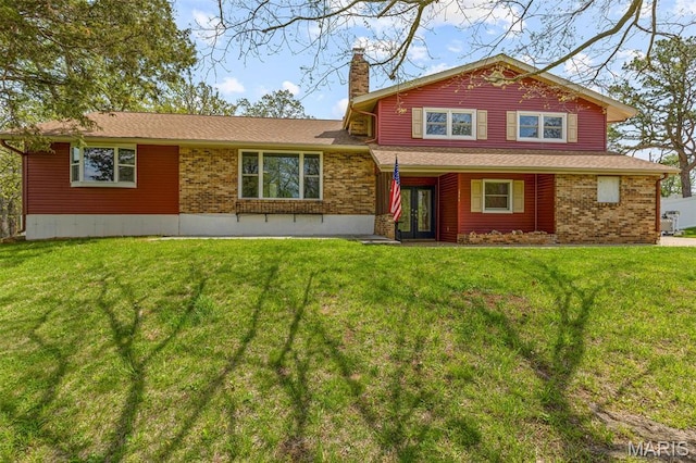 10179 Cherry Hill Ln, Potosi, MO 63664 - back of house with french doors, a chimney, a yard, and brick siding