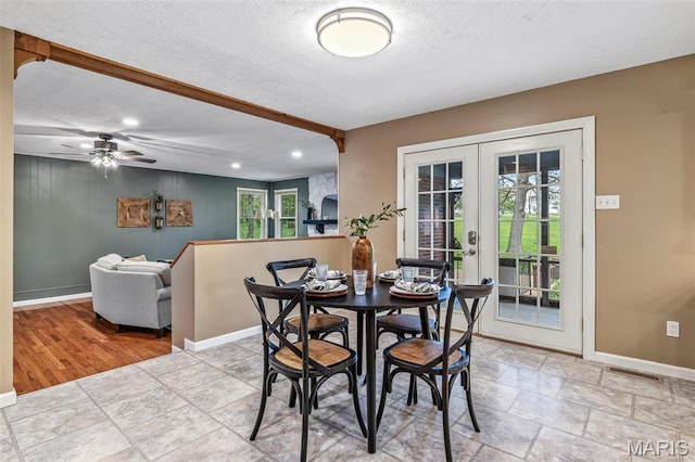 1304 Napoleon Dr, Bonne Terre, MO 63628 - dining space with french doors, a textured ceiling, baseboards, recessed lighting, and ceiling fan