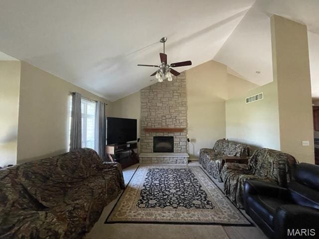 11 Summers Dr, Hawk Point, MO 63349 - living room with ceiling fan, lofted ceiling, and a fireplace
