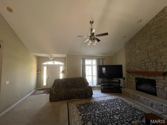 11 Summers Dr, Hawk Point, MO 63349 - living area with ceiling fan, a fireplace, baseboards, carpet flooring, and high vaulted ceiling