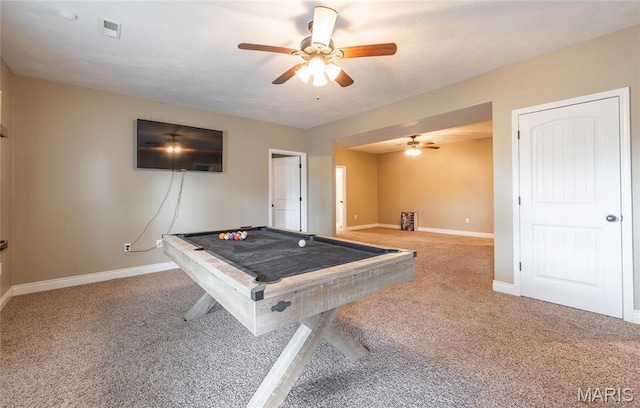 20256 Hardcastle Ln, Saint Robert, MO 65584 - game room featuring a ceiling fan, carpet flooring, pool table, and baseboards