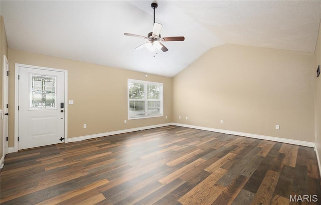20256 Hardcastle Ln, Saint Robert, MO 65584 - unfurnished living room with ceiling fan, lofted ceiling, dark wood-type flooring, and baseboards