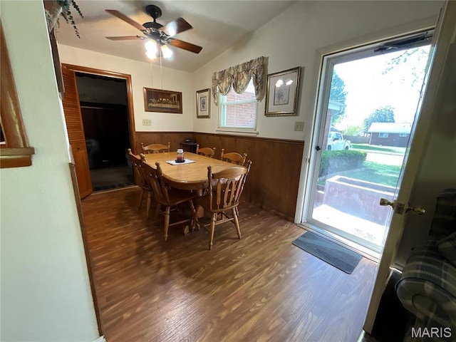805 Willoway Ave, East Alton, IL 62024 - dining space featuring wood finished floors, wainscoting, lofted ceiling, ceiling fan, and wood walls
