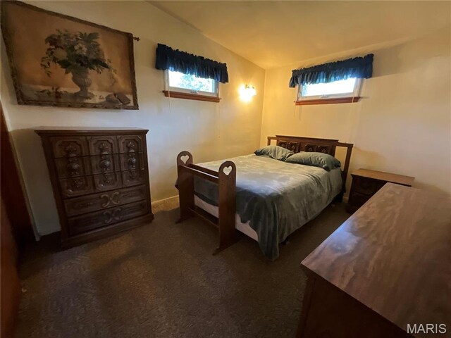 805 Willoway Ave, East Alton, IL 62024 - bedroom featuring lofted ceiling, multiple windows, and dark carpet
