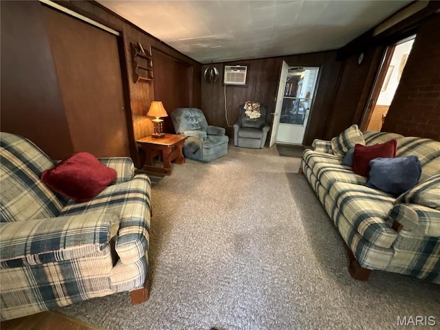 805 Willoway Ave, East Alton, IL 62024 - carpeted living room featuring a wall unit AC and wooden walls