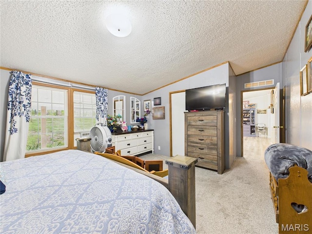bedroom with vaulted ceiling, carpet flooring, a textured ceiling, and crown molding