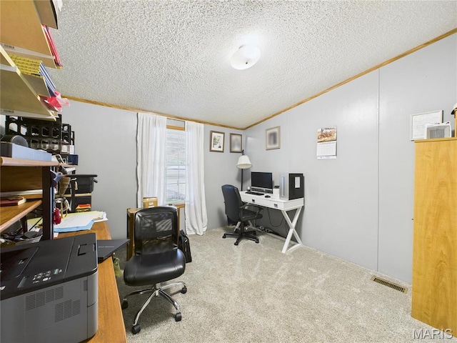 office space featuring vaulted ceiling, crown molding, a textured ceiling, and carpet floors