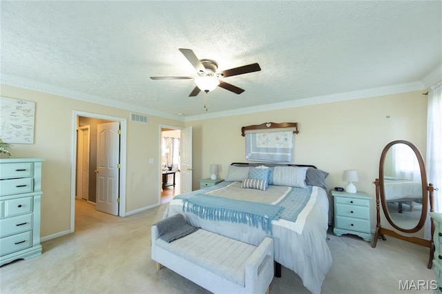 bedroom featuring light colored carpet, a textured ceiling, baseboards, ornamental molding, and ceiling fan