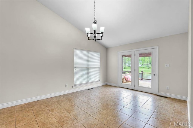 2600 Cobblestone Ct, Cape Girardeau, MO 63701 - tiled spare room with a chandelier, lofted ceiling, and baseboards