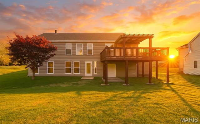 2600 Cobblestone Ct, Cape Girardeau, MO 63701 - back of house at dusk with a deck, a lawn, and a pergola