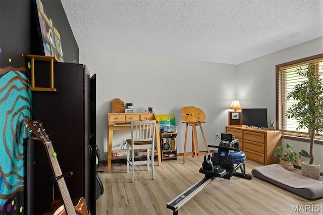 recreation room featuring wood finished floors and a textured ceiling