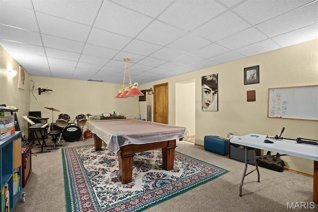rec room featuring a drop ceiling, carpet floors, billiards table, and baseboards
