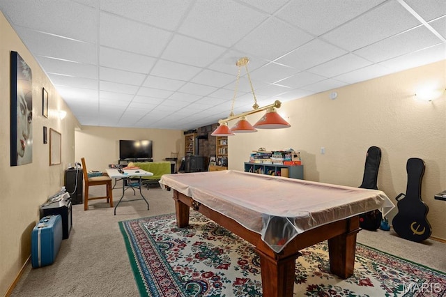 game room featuring carpet floors, baseboards, a paneled ceiling, and pool table