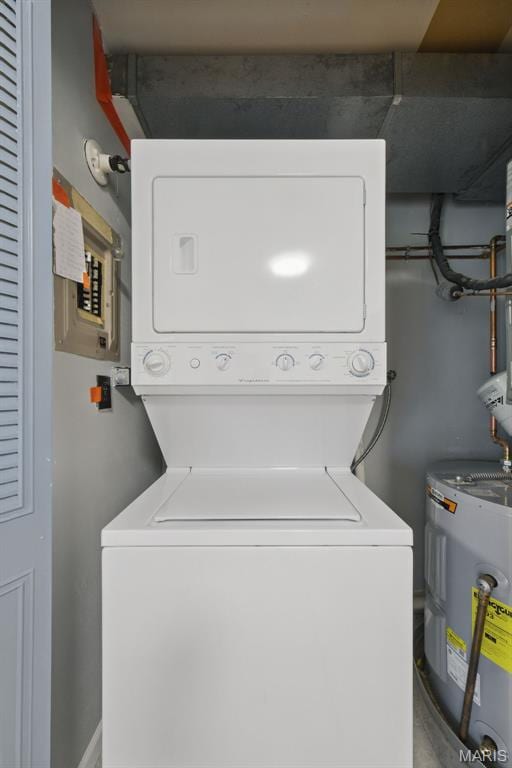 3214 Roger Williams Dr Unit D, Bridgeton, MO 63044 - washroom with stacked washer / drying machine and water heater