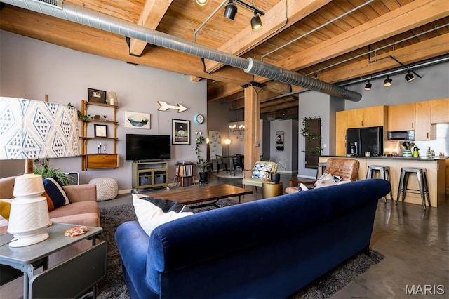 901 Washington Ave Unit 411, Saint Louis, MO 63101 - living room featuring wood ceiling, concrete floors, rail lighting, beam ceiling, and a towering ceiling