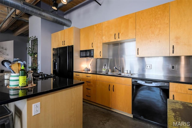 901 Washington Ave Unit 411, Saint Louis, MO 63101 - kitchen with black appliances, a sink, finished concrete flooring, and decorative backsplash