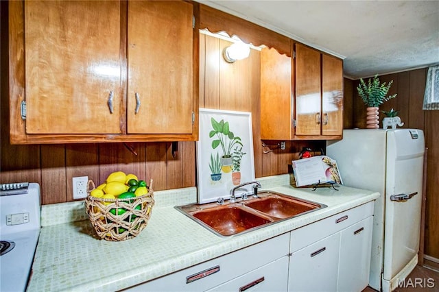 1404 Lemon St, Highland, IL 62249 - kitchen featuring light countertops, freestanding refrigerator, wood walls, and brown cabinets