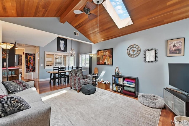 living area featuring wood finished floors, ceiling fan, wood ceiling, a chandelier, and baseboards