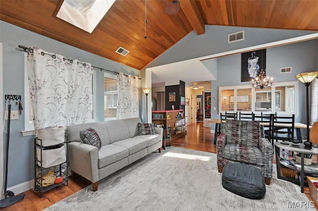 living room with wood ceiling, wood finished floors, a chandelier, plenty of natural light, and beamed ceiling