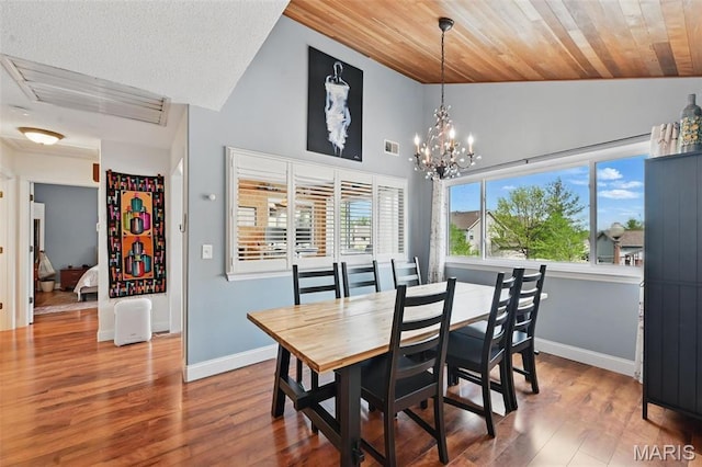 dining room with a chandelier, wood finished floors, baseboards, wooden ceiling, and high vaulted ceiling