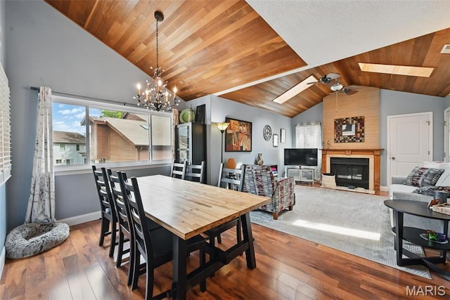 dining space with lofted ceiling, a skylight, wood ceiling, wood-type flooring, and a chandelier