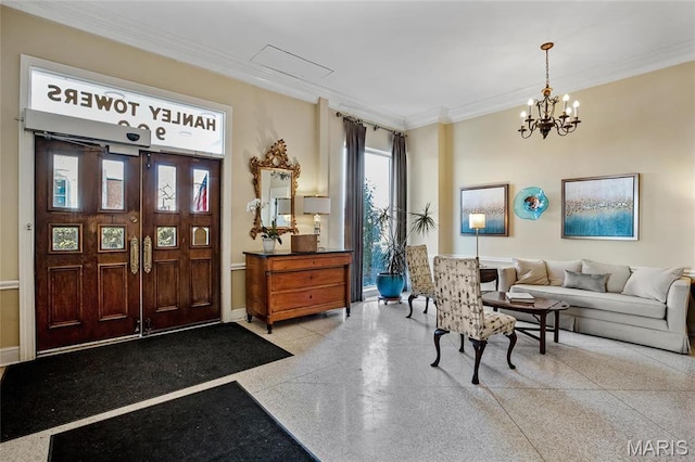 900 S Hanley Rd Unit 15E, Clayton, MO 63105 - entrance foyer featuring ornamental molding, a chandelier, and baseboards