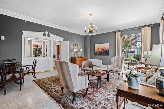 900 S Hanley Rd Unit 15E, Clayton, MO 63105 - living area with dark aggregate flooring, ornamental molding, a chandelier, and baseboards