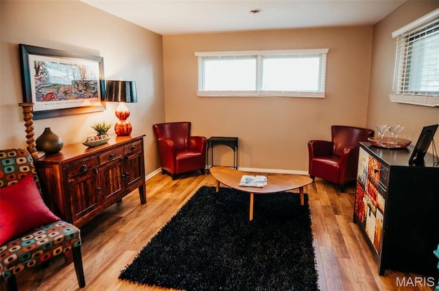 living area featuring plenty of natural light, wood finished floors, and baseboards