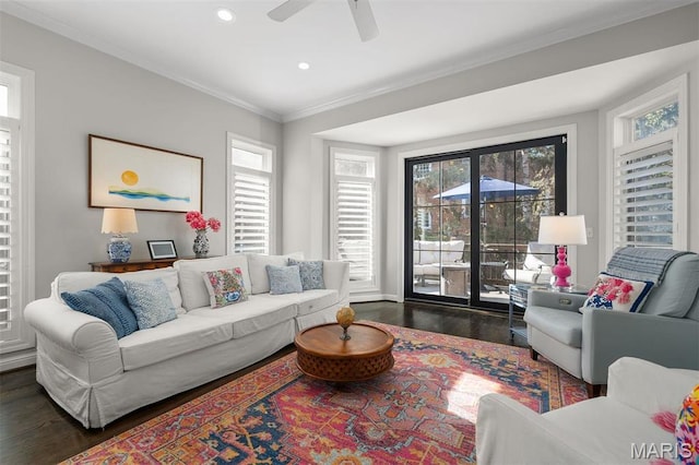14 Brighton Way, Clayton, MO 63105 - living room with dark wood-type flooring, crown molding, a ceiling fan, recessed lighting, and baseboards