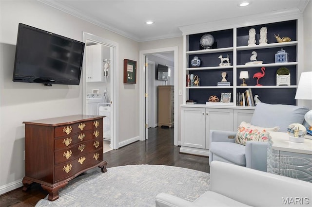 14 Brighton Way, Clayton, MO 63105 - living room with separate washer and dryer, baseboards, dark wood-type flooring, ornamental molding, and recessed lighting