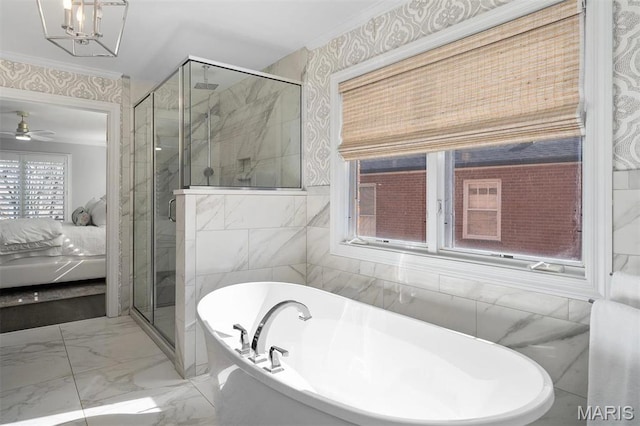 14 Brighton Way, Clayton, MO 63105 - ensuite bathroom with a soaking tub, marble look tiles, a shower stall, ornamental molding, and ceiling fan