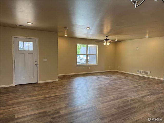 foyer with dark wood finished floors, baseboards, ceiling fan, and recessed lighting