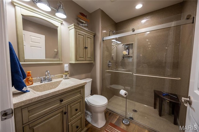 1753 Rue Marseilles, Bonne Terre, MO 63628 - bathroom with a shower stall, toilet, wood finished floors, and vanity