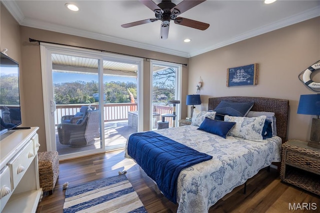 1753 Rue Marseilles, Bonne Terre, MO 63628 - bedroom with access to exterior, wood finished floors, recessed lighting, crown molding, and a ceiling fan
