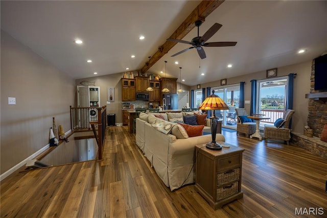 1753 Rue Marseilles, Bonne Terre, MO 63628 - living area featuring dark wood finished floors, a ceiling fan, and recessed lighting