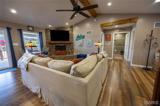 1753 Rue Marseilles, Bonne Terre, MO 63628 - living room with a ceiling fan, dark wood-type flooring, a stone fireplace, baseboards, and recessed lighting