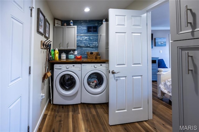 1753 Rue Marseilles, Bonne Terre, MO 63628 - laundry room with cabinet space, washing machine and dryer, dark wood finished floors, and recessed lighting