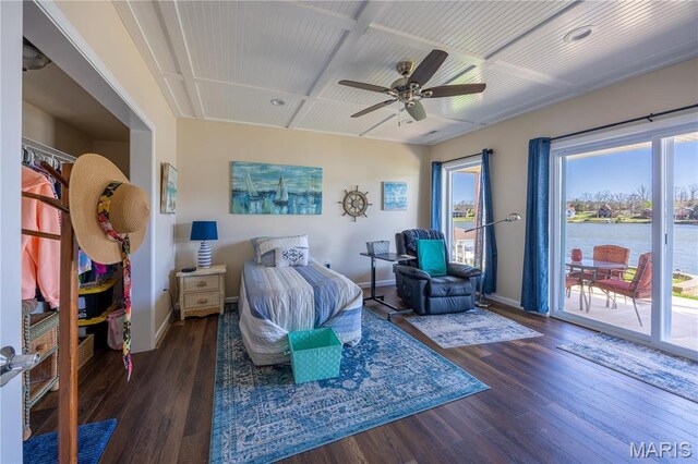 1753 Rue Marseilles, Bonne Terre, MO 63628 - bedroom featuring access to outside, wood finished floors, baseboards, and a water view